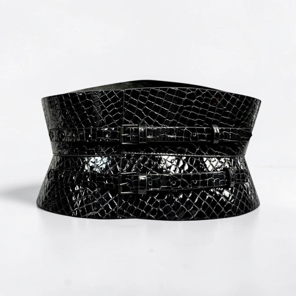 Aria Margo black patent croc-embossed leather corset belt with an hourglass silhouette and two front buckles.