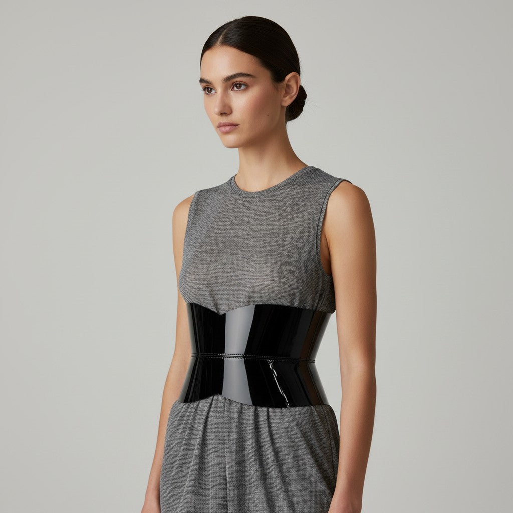 Aria Margo black patent leather hourglass corset belt worn over a grey textured dress to define the waist.