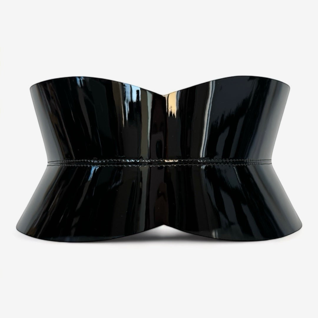 Aria Margo black patent leather hourglass corset belt with a high-shine finish for a structured waist silhouette.