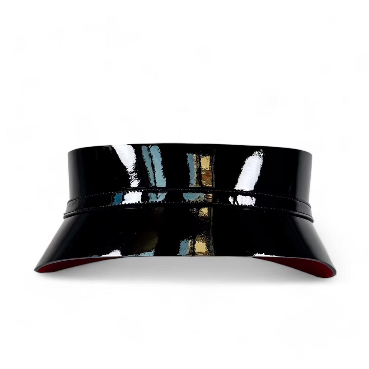 Aria Margo slim black patent leather corset belt with a high-shine finish and structured design.