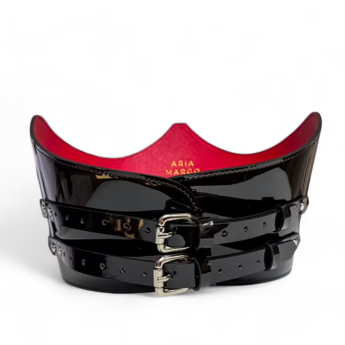 Aria Margo Crown under-bust belt in black patent leather with a high-shine finish and two adjustable buckles.
