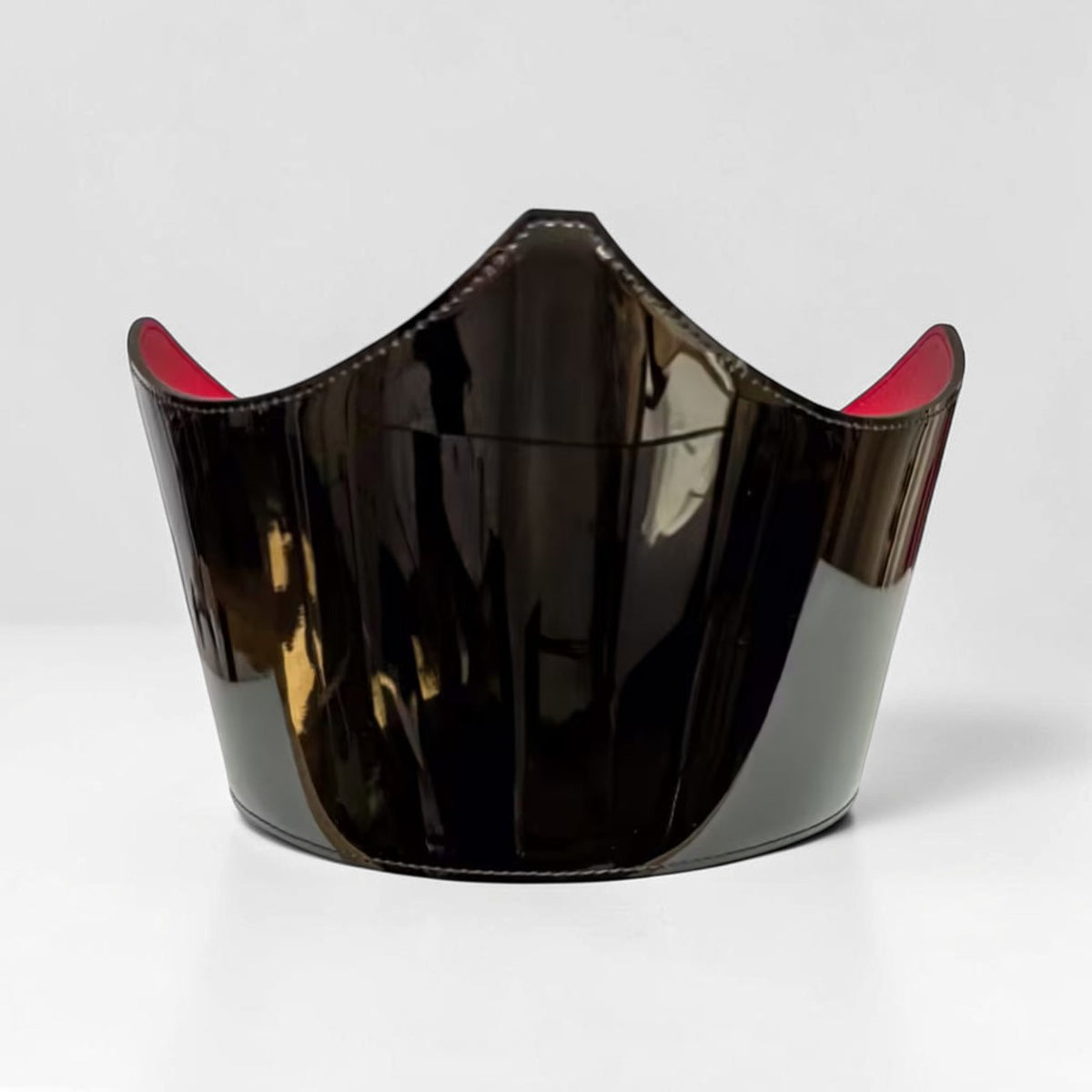 Aria Margo  black patent leather under-bust belt with a high-shine finish and contrasting red interior lining.
