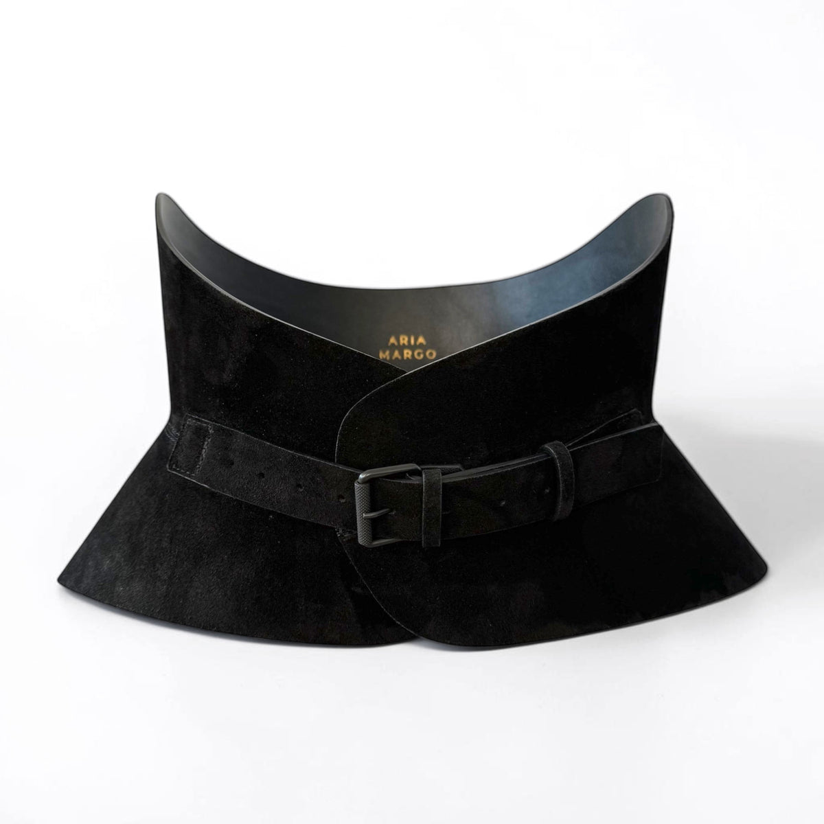 Aria Margo Audrey black suede corset belt with a sleek buckle and hourglass silhouette on a white background.