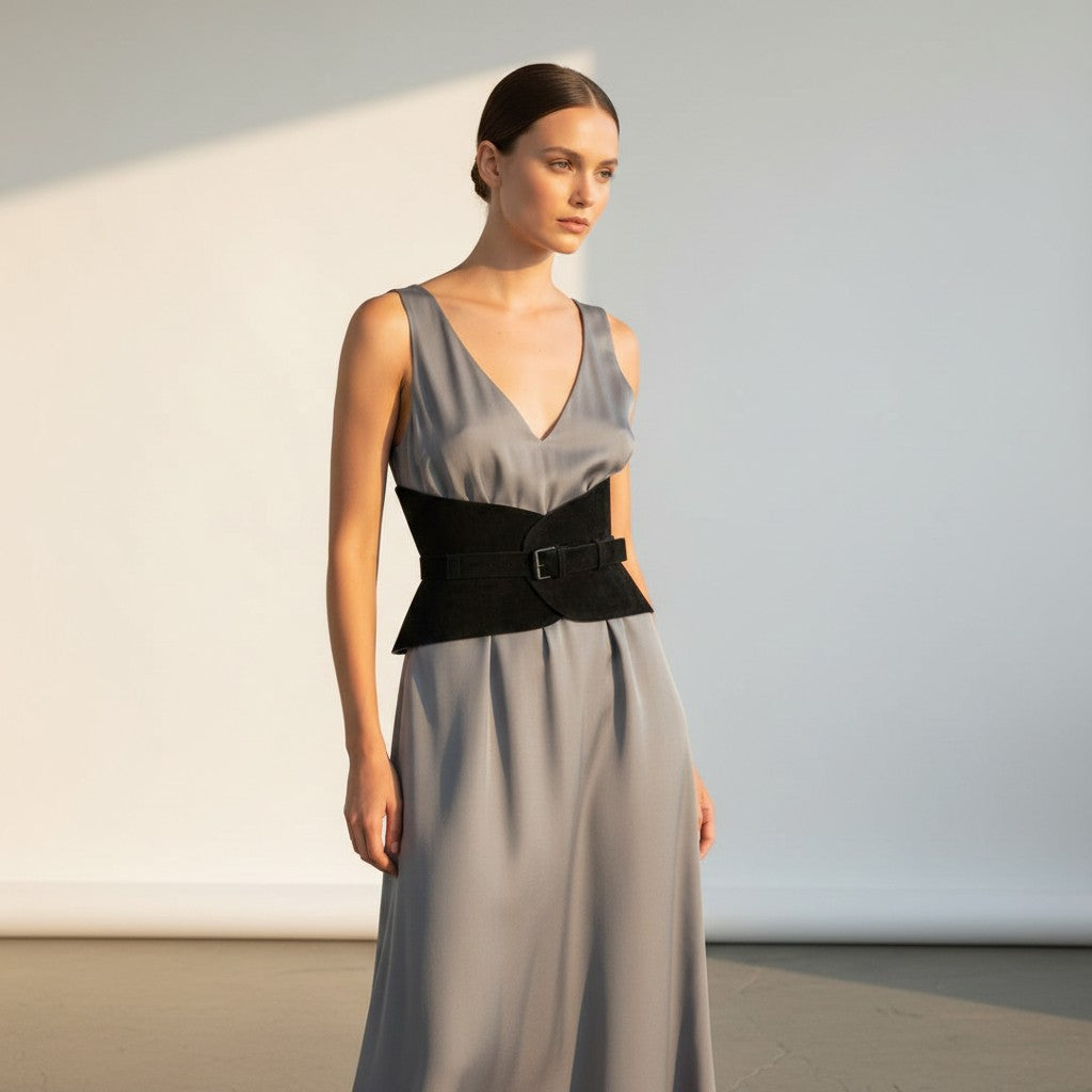 Aria Margo Audrey black suede corset belt worn over a grey satin dress to define the waist