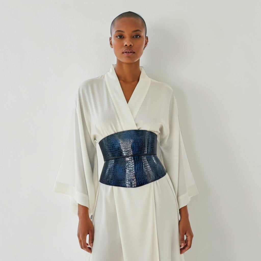 Aria Margo blue croc-embossed leather corset belt with black buckles worn over a white silk kimono dress