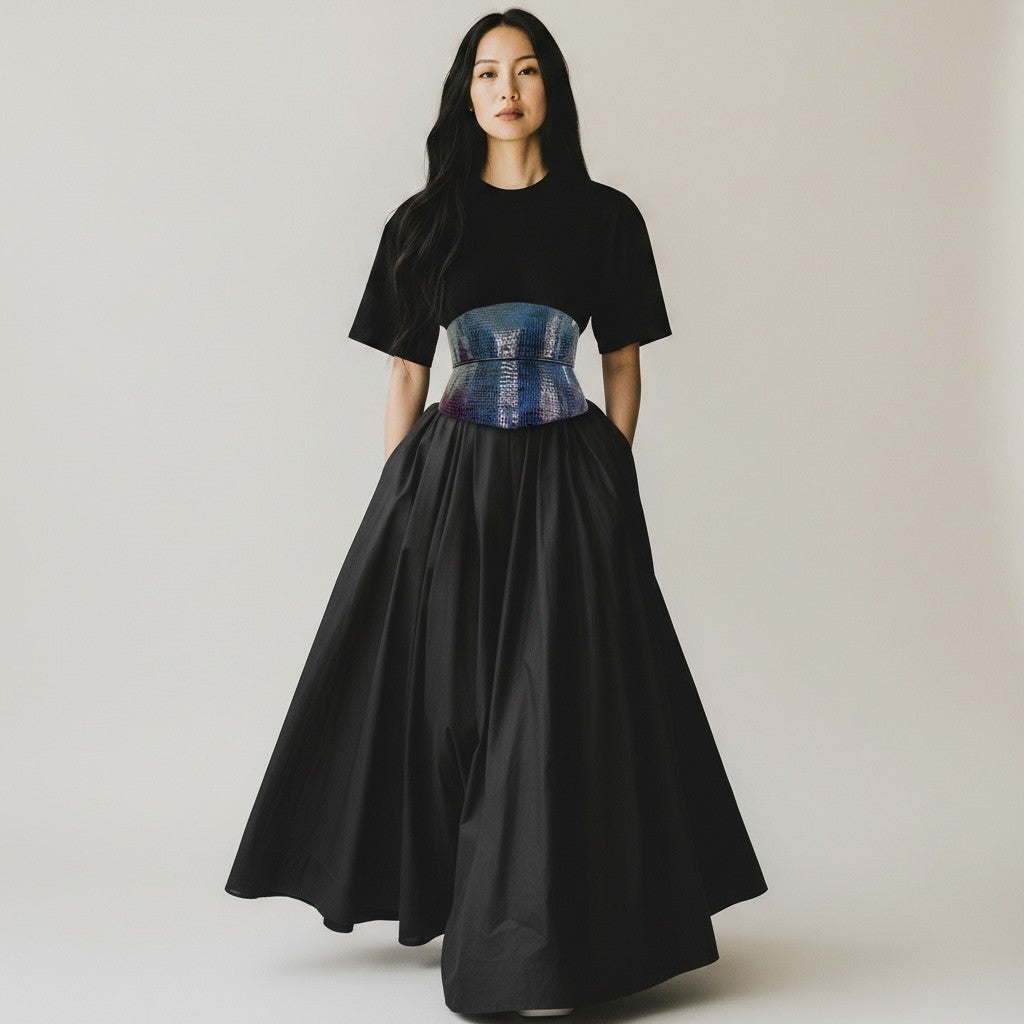 Aria Margo blue croc-embossed leather corset belt with black buckles worn over a black dress by a model