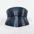 Aria Margo blue croc-embossed leather corset belt with an hourglass silhouette and textured finish.