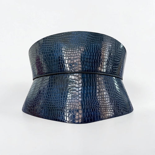 Aria Margo blue croc-embossed leather corset belt with an hourglass silhouette and textured finish.