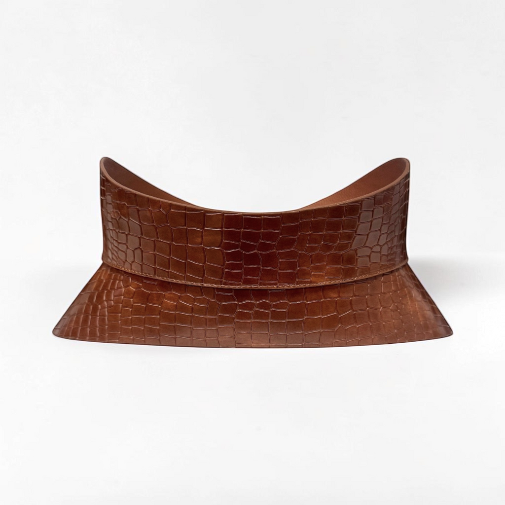 Aria Margo brown croc-embossed Italian leather corset belt with a curved hourglass silhouette.