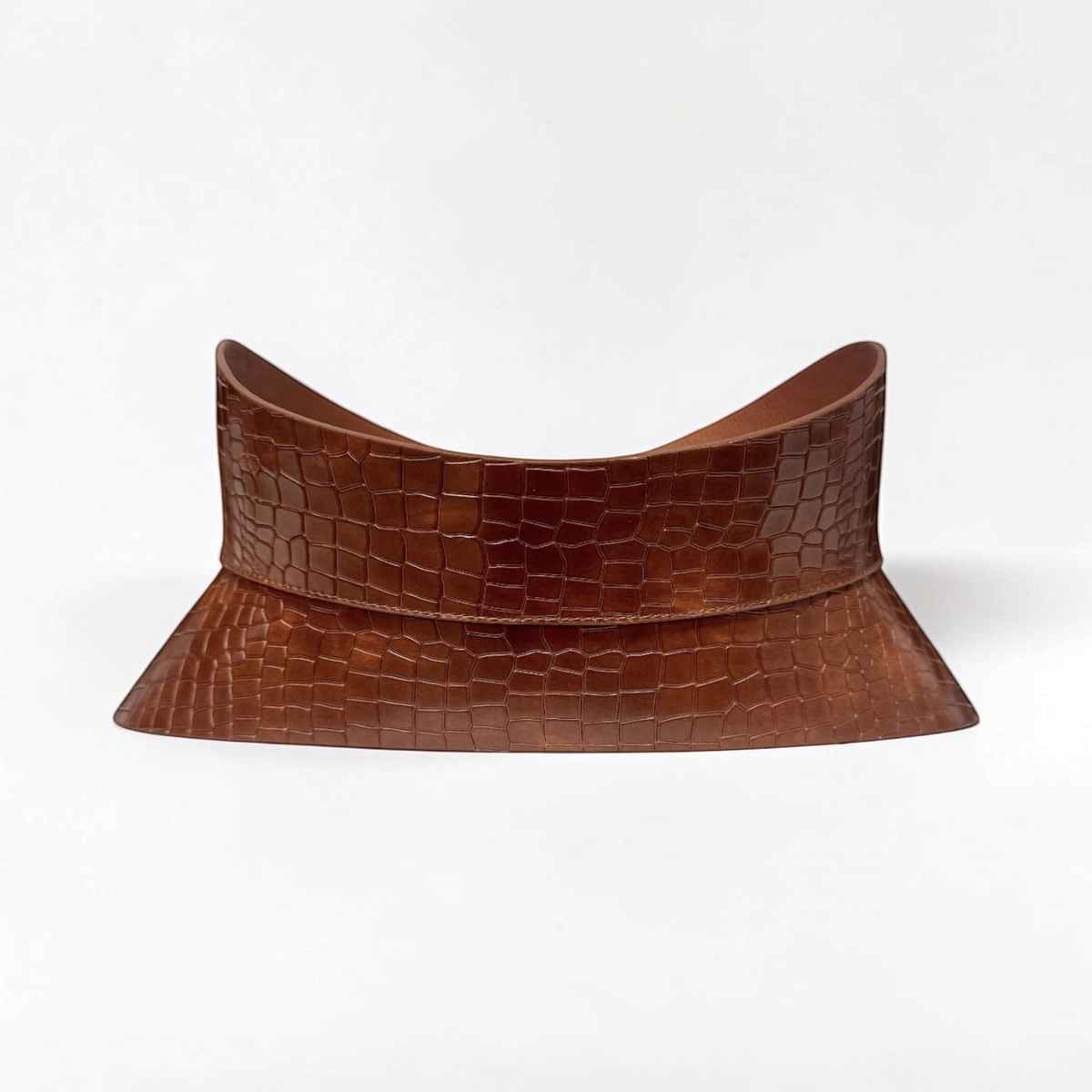 Aria Margo brown croc-embossed Italian leather corset belt with a curved hourglass silhouette.