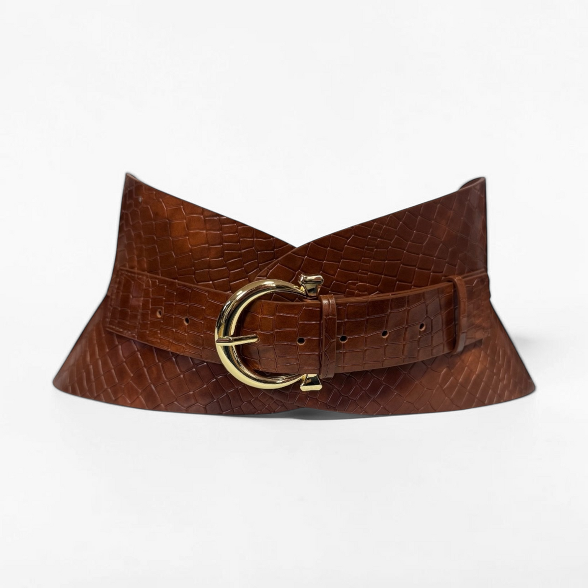 Aria Margo brown croc-embossed leather corset belt with a curved silhouette and gold-tone buckle.