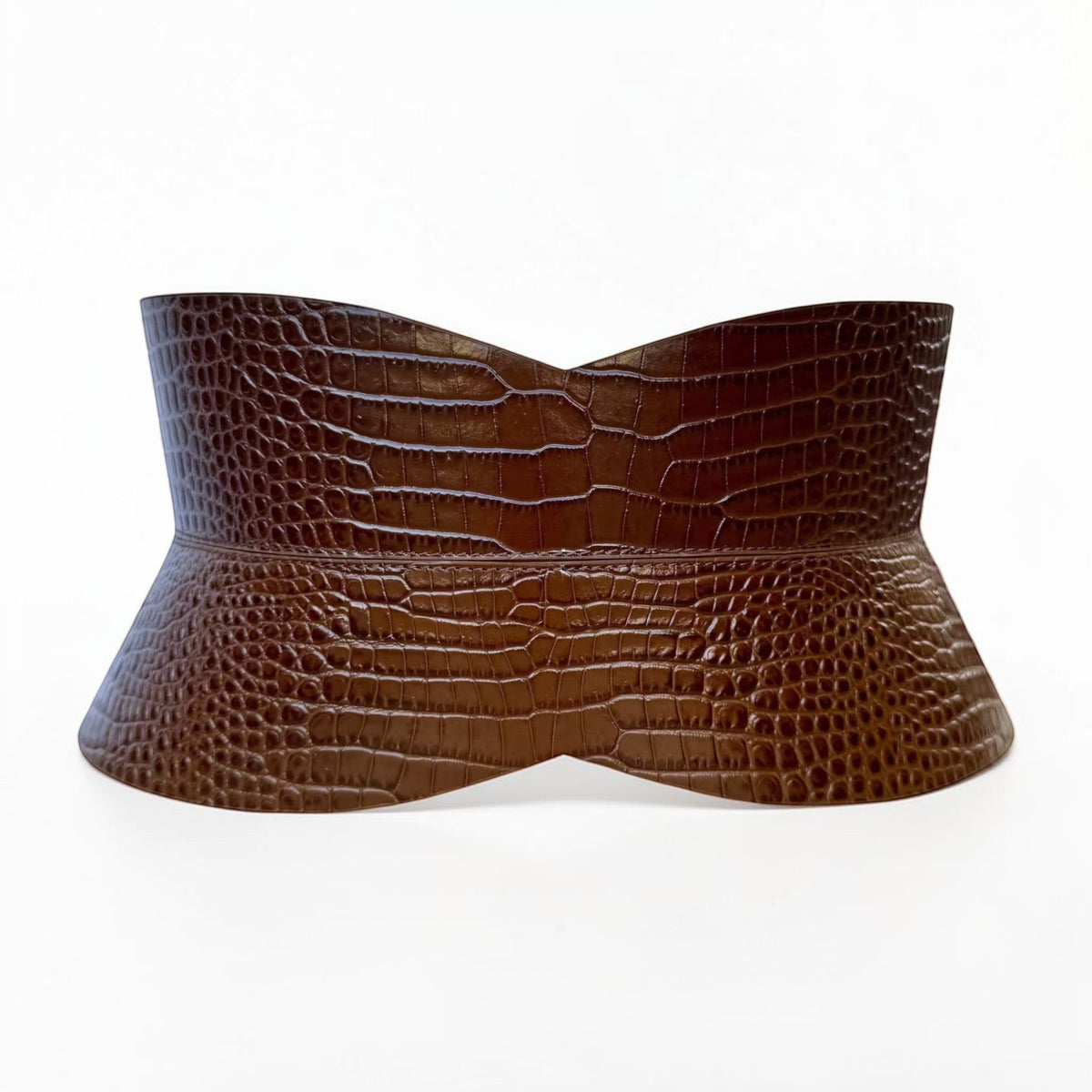Aria Margo brown croc-embossed leather hourglass corset belt with a structured, waist-defining silhouette.
