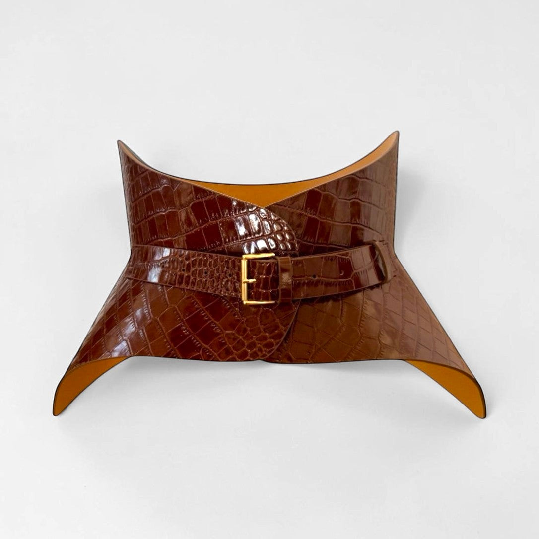 Aria Margo brown croc-embossed Italian leather corset belt with a gold buckle and structured waist-shaping design.