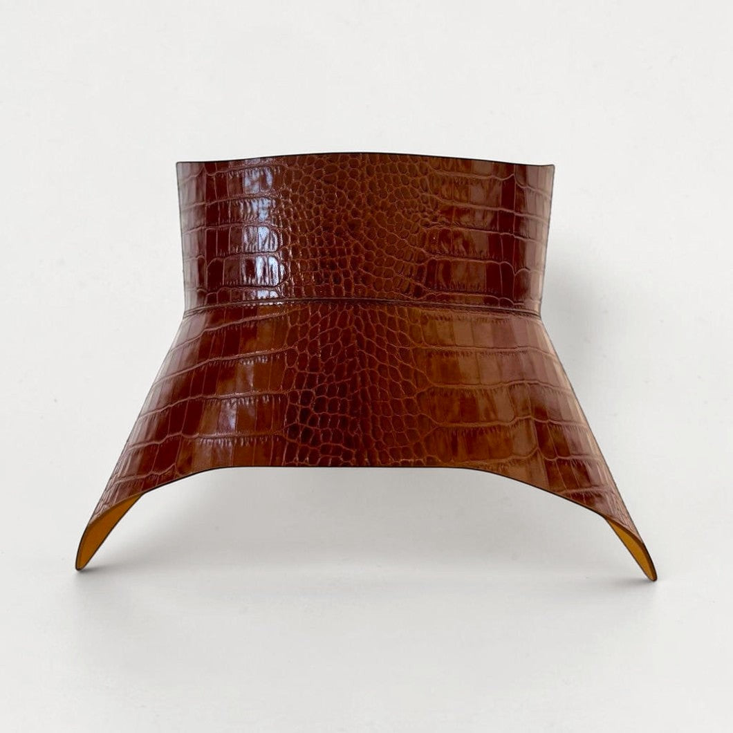 Aria Margo brown croc-embossed Italian leather corset belt with a wide, structured silhouette.