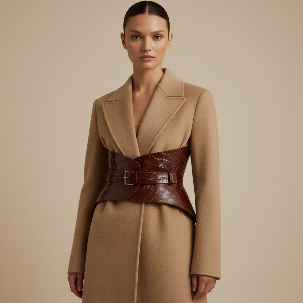 Aria Margo brown croc-embossed leather corset belt worn over a beige wool coat to accentuate the waist.