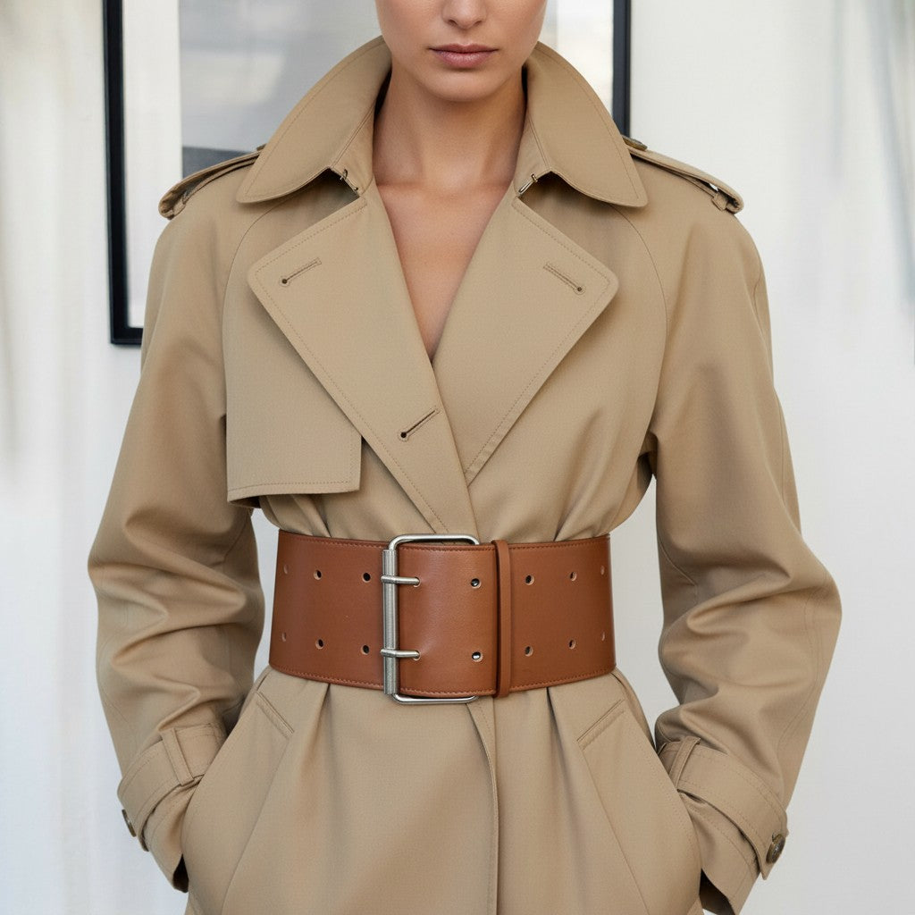 Aria Margo brown Italian leather military coat belt with a silver double-prong buckle worn over a beige trench.