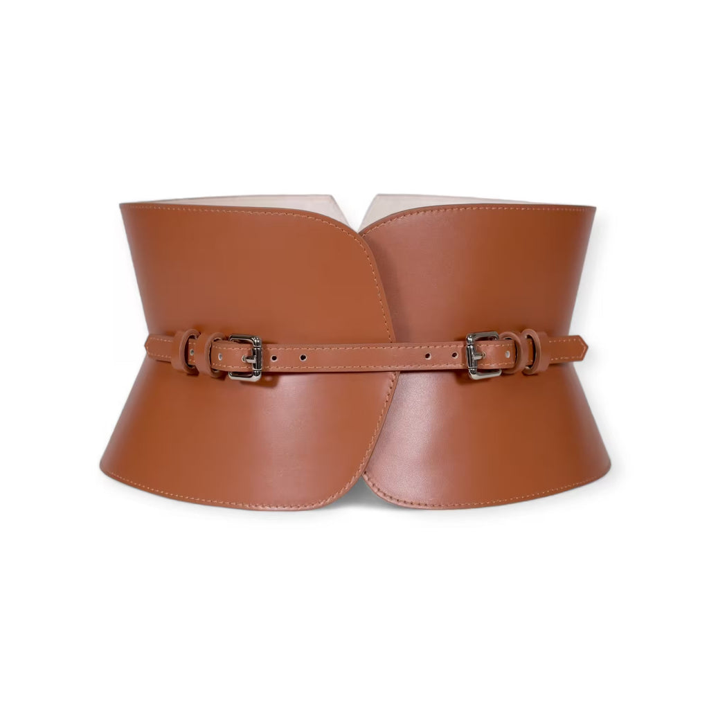 Aria Margo brown Italian leather V-cut corset belt with two adjustable silver buckles and hourglass silhouette.