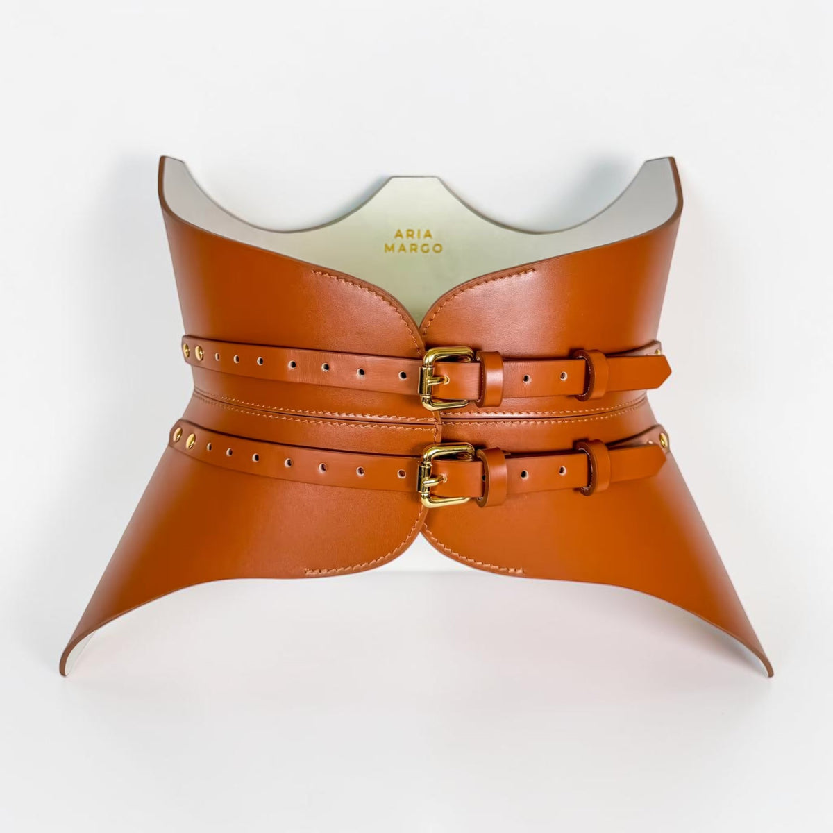 Aria Margo brown Italian leather corset belt with gold buckles and a sculpted hourglass silhouette.