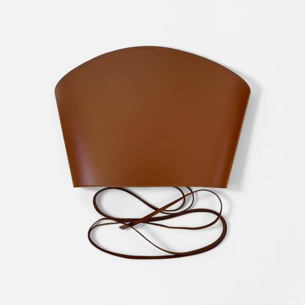 Aria Margo brown Italian leather corset belt with a minimalist wrap design and long cord ties.