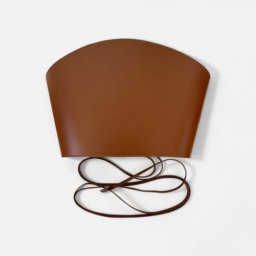 Aria Margo brown Italian leather corset belt with a minimalist wrap design and long cord ties.