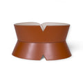 Aria Margo brown leather V-cut corset belt with an hourglass silhouette and neat edge stitching.