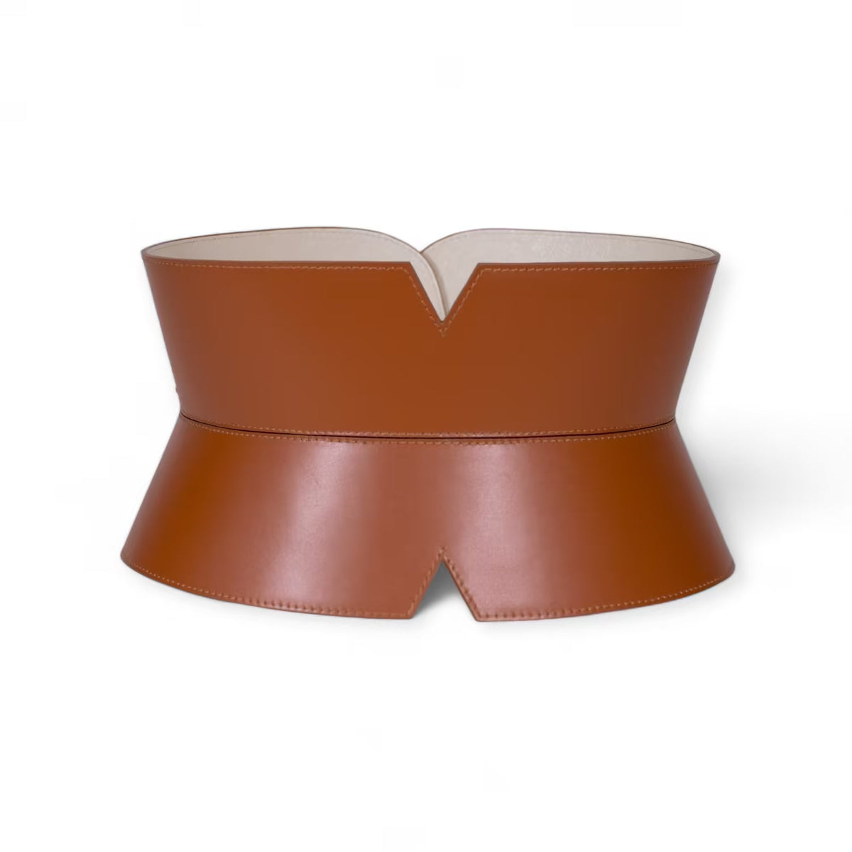 Aria Margo brown leather V-cut corset belt with an hourglass silhouette and neat edge stitching.