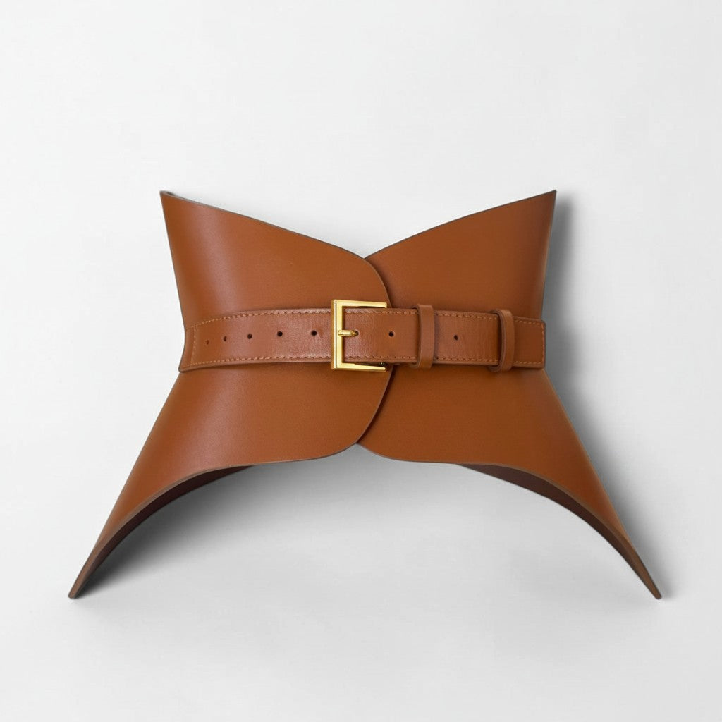Aria Margo brown Italian leather corset belt with a gold buckle, designed to shape the waist and hips.