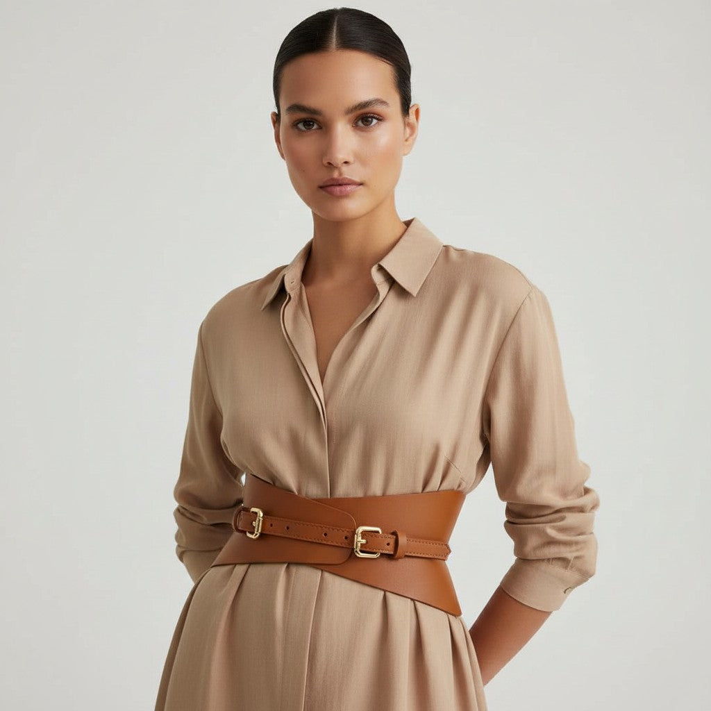 Aria Margo brown Italian leather slim corset belt worn over a beige shirt dress for waist definition.