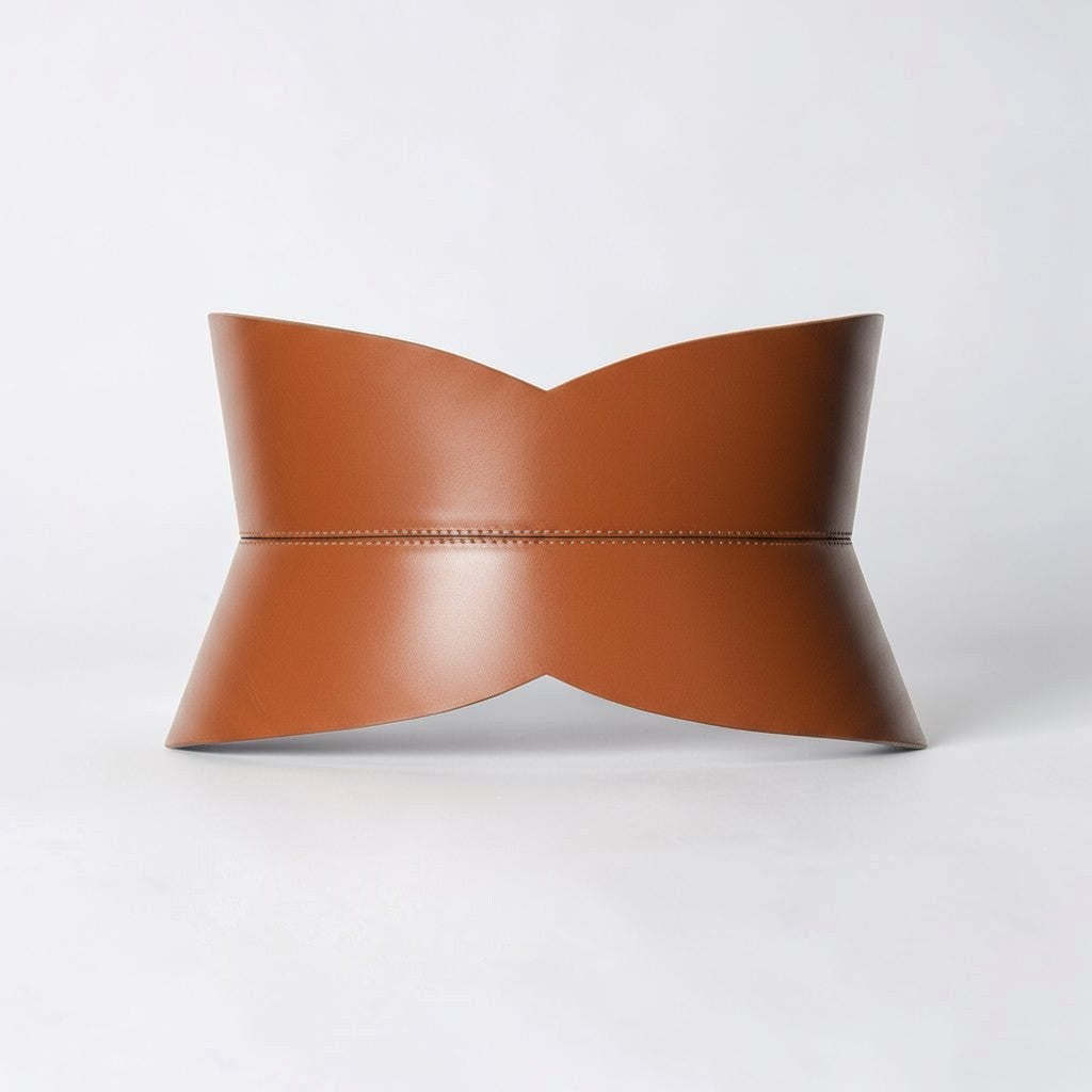 Aria Margo brown Italian leather hourglass corset belt with a structured waist-defining silhouette