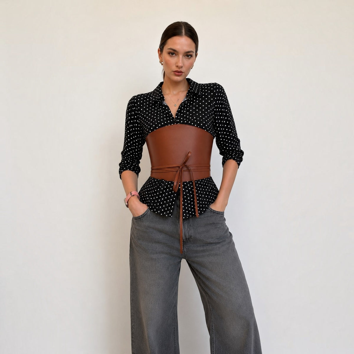Aria Margo brown leather corset belt worn over a black polka dot shirt and grey jeans, featuring wrap lacing.