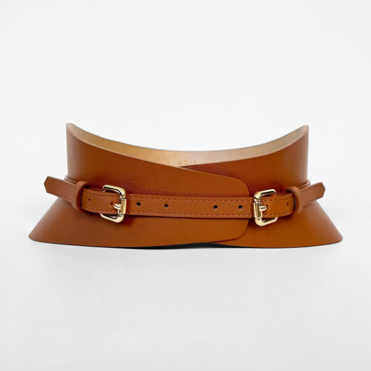Aria Margo brown Italian leather slim corset belt with gold-tone buckles for waist definition.