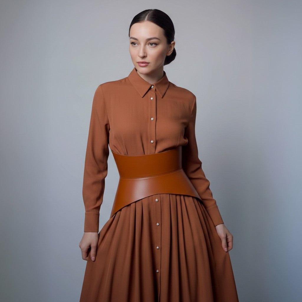 Aria Margo brown Italian leather corset belt worn over a matching brown button-down midi dress