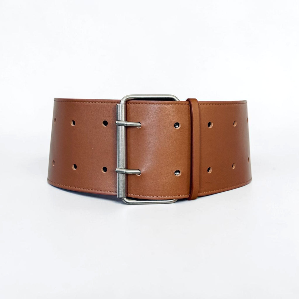 Aria Margo brown Italian leather military coat belt featuring a wide 10 cm band and a silver-tone double-prong buckle