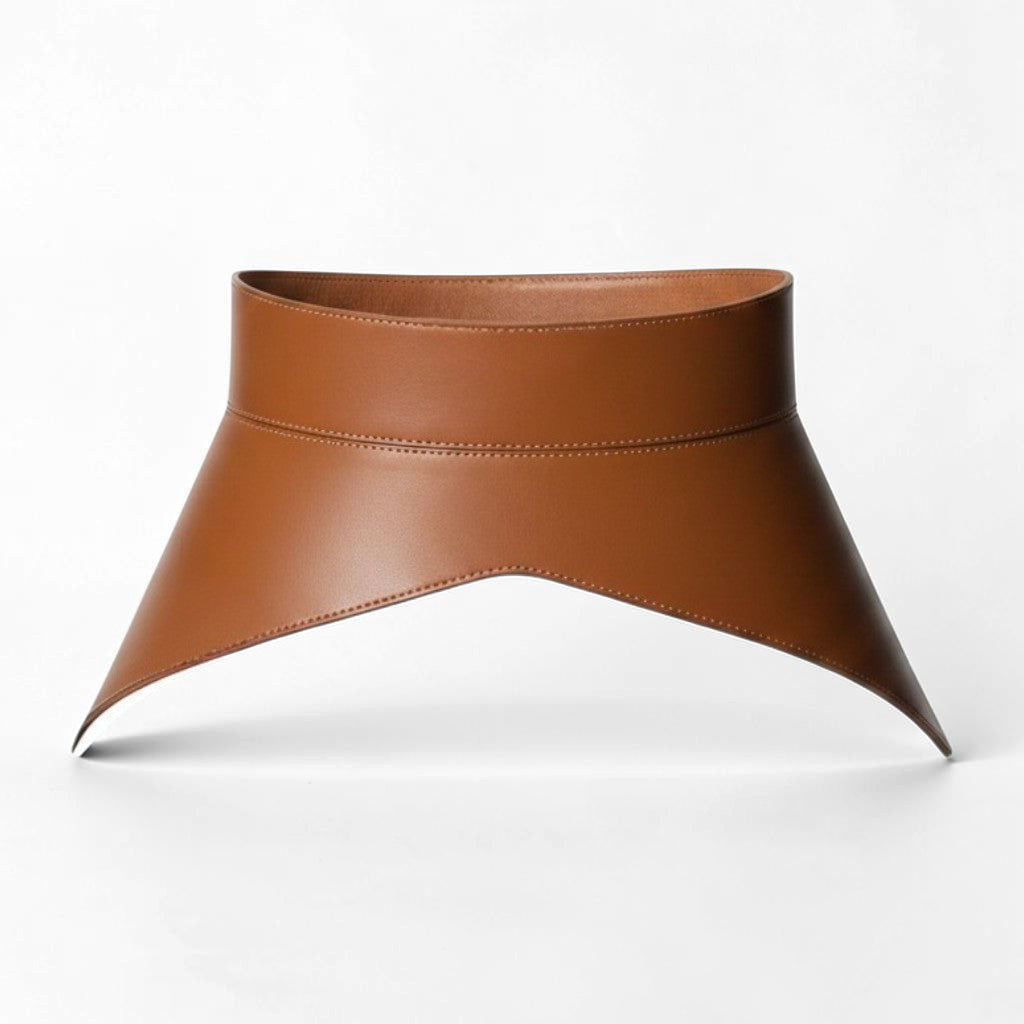 Aria Margo brown Italian leather peplum corset belt with a structured waist-defining silhouette.