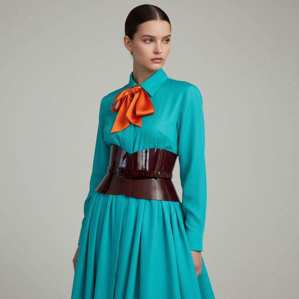 Aria Margo chocolate brown patent leather hourglass corset belt worn over a teal dress with an orange bow