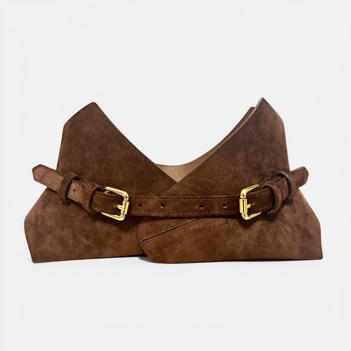Aria Margo brown suede corset belt with gold buckles and pointed silhouette for waist definition.