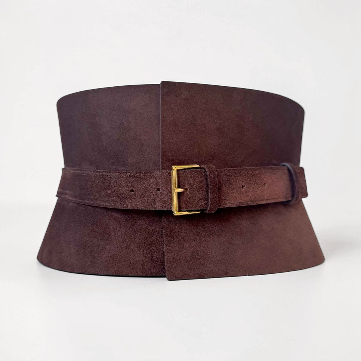 Aria Margo wide brown suede corset belt with a gold buckle, featuring a structured hourglass silhouette.