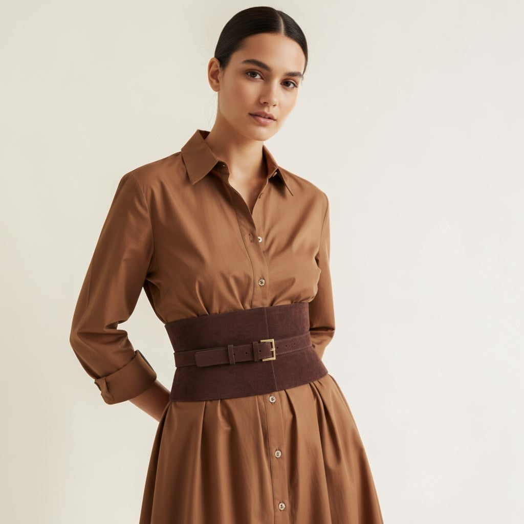 Aria Margo brown suede wide corset belt worn over a matching brown button-down dress for a defined waistline.