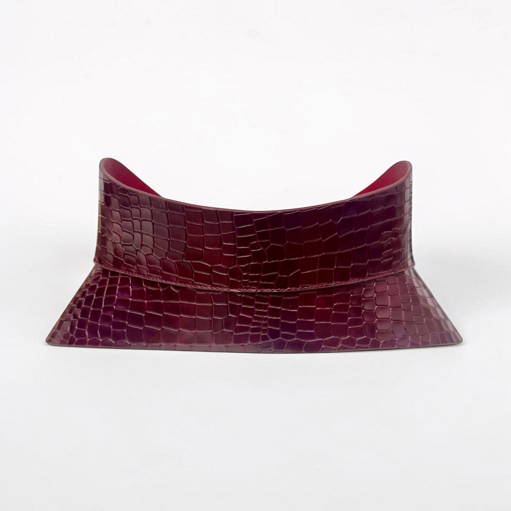 Aria Margo burgundy croc-embossed leather corset belt with a structured hourglass silhouette.