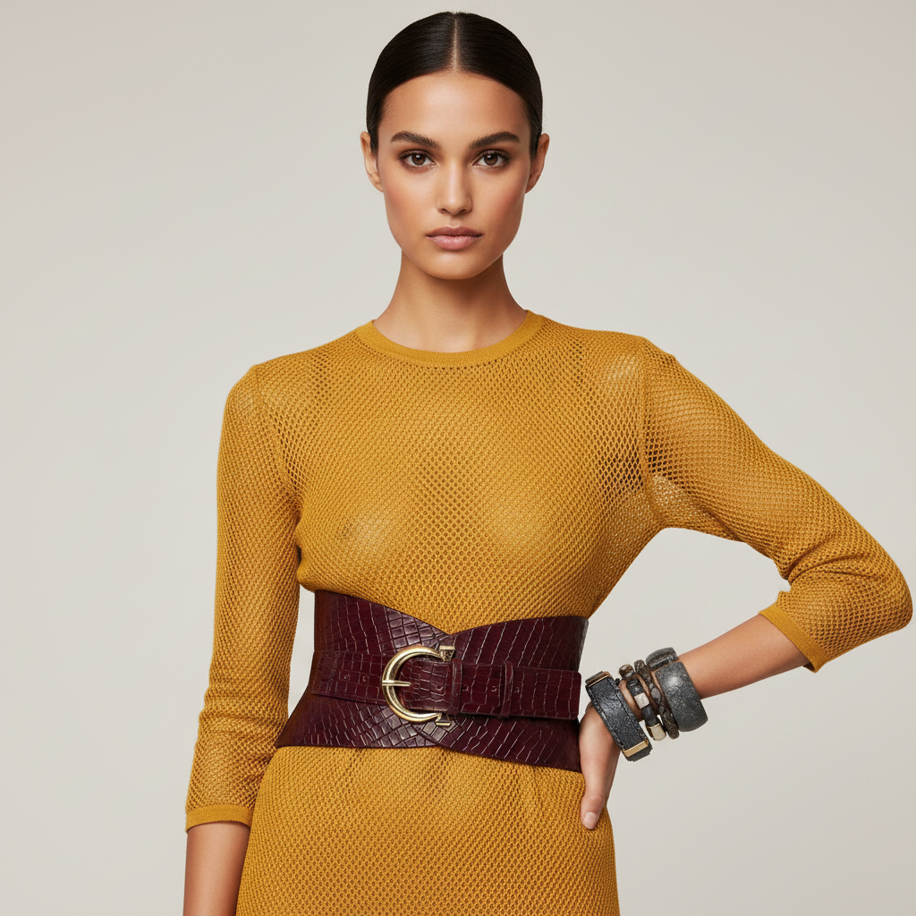 Aria Margo burgundy croc-embossed leather corset belt with a gold buckle worn over a mustard yellow mesh dress.