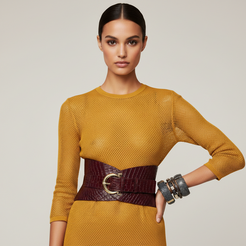Aria Margo burgundy croc-embossed leather corset belt with a gold buckle worn over a mustard yellow mesh dress.