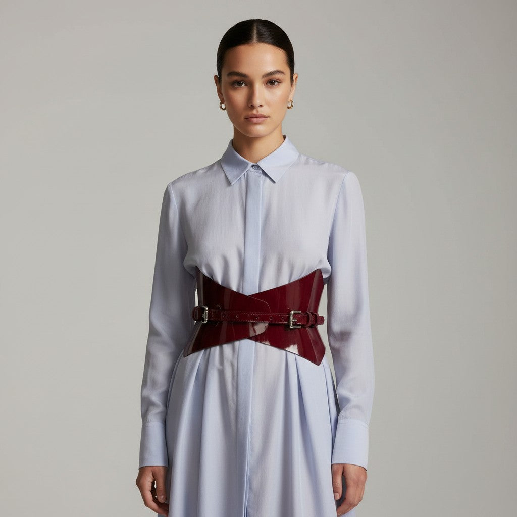 Aria Margo burgundy leather corset belt worn over a light blue shirt dress, featuring a pointed waist design.