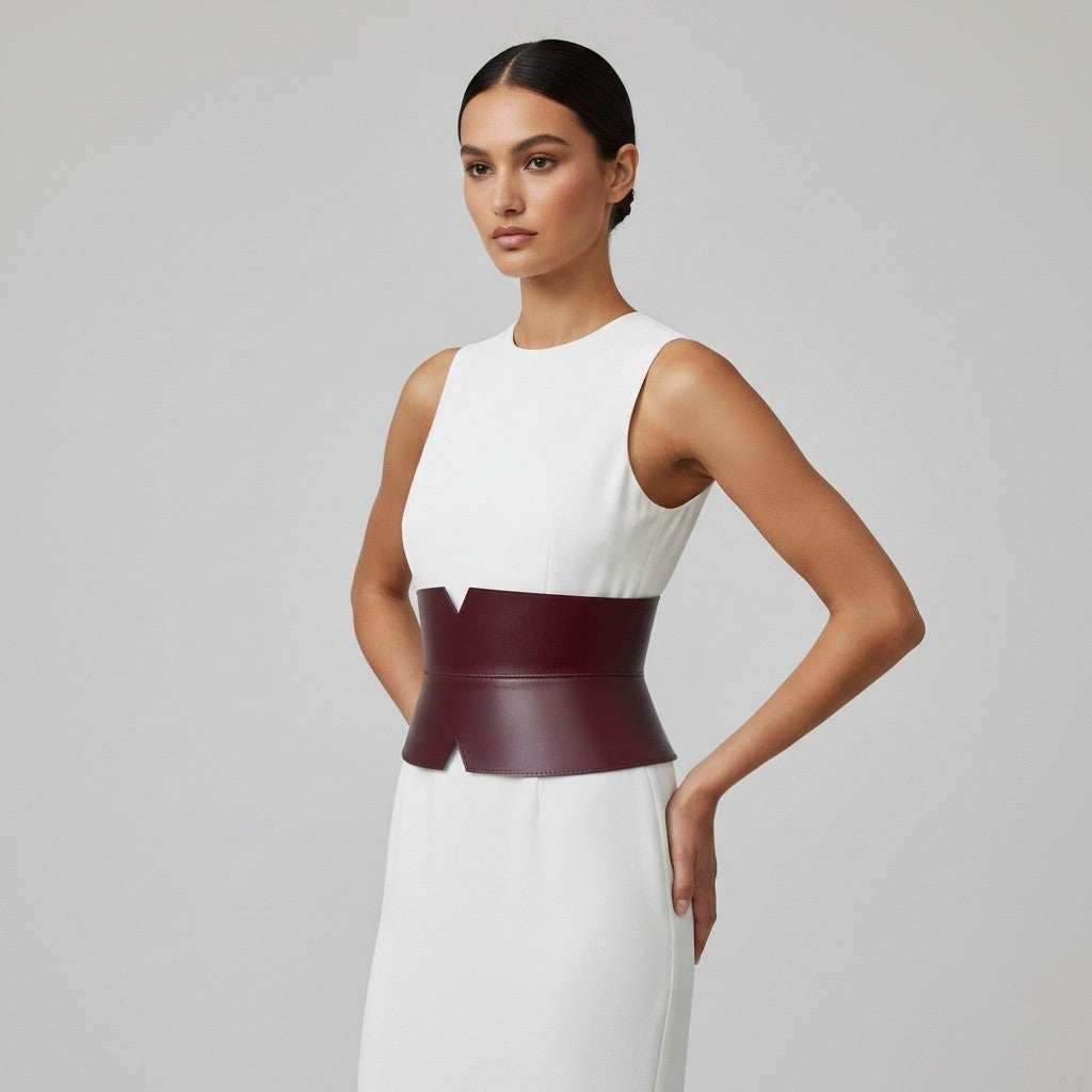 Aria Margo burgundy leather V-cut corset belt worn over a white sleeveless dress on a model