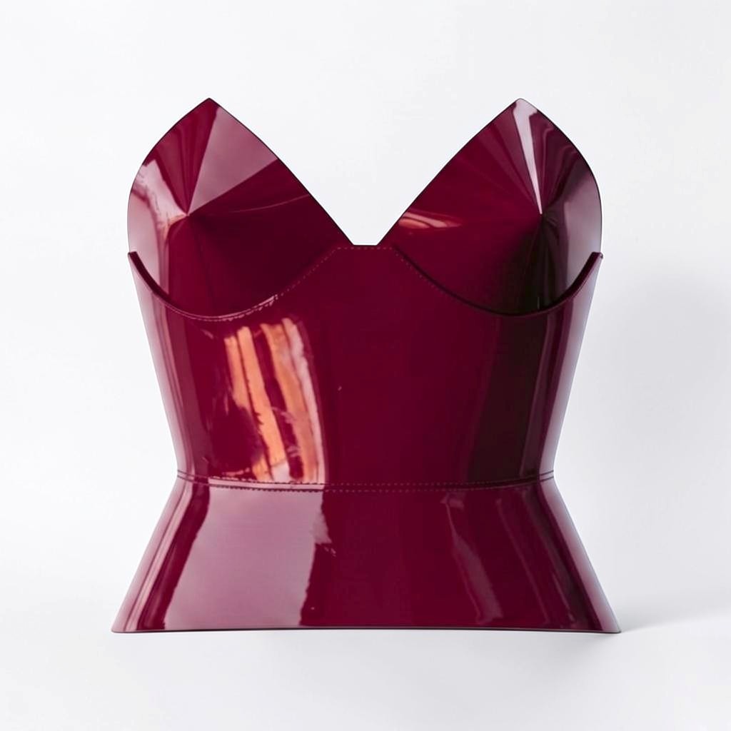 Aria Margo burgundy patent leather round body corset with a high-shine finish and structured feminine silhouette.