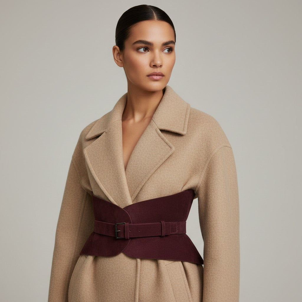 Aria Margo burgundy suede AudreyLeather corset belt worn over a beige wool coat to define the waist.
