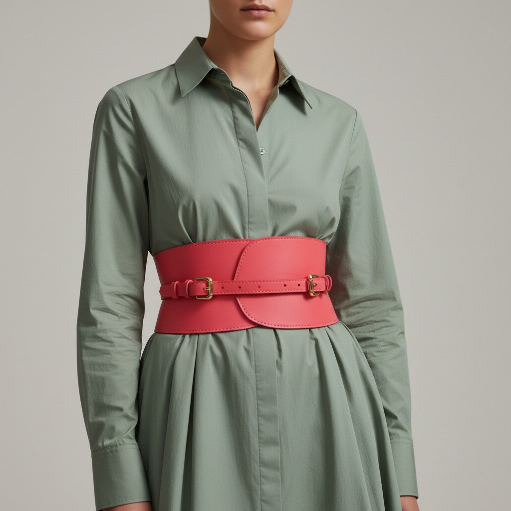 Aria Margo coral pink Italian leather corset belt worn over a sage green shirt dress for a defined waistline.