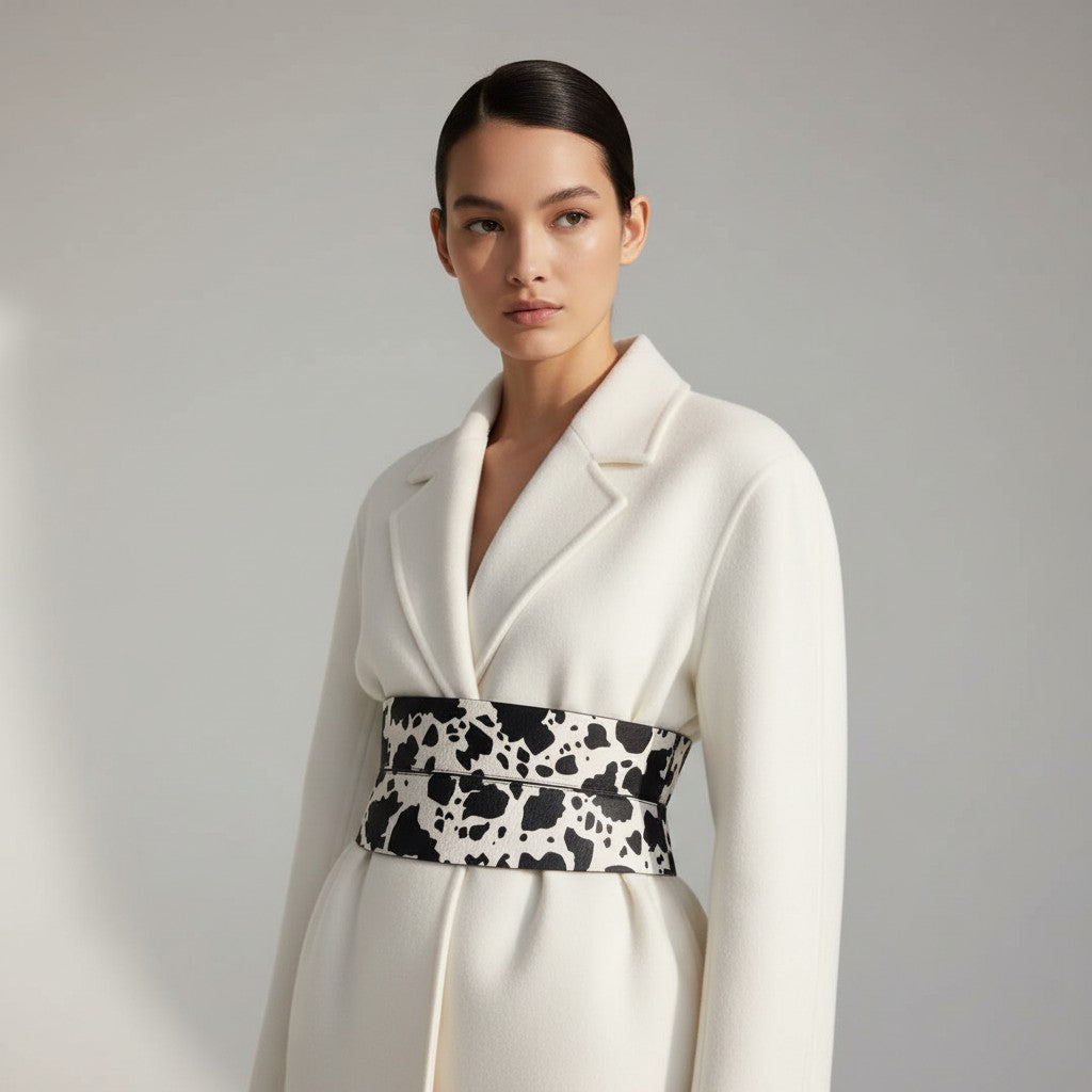 Aria Margo cow print leather corset belt worn over a white coat for a structured waistline