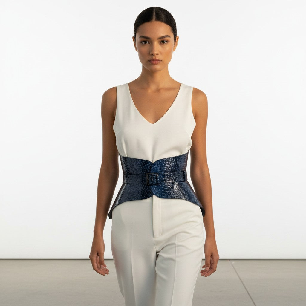 Aria Margo dark blue croc-embossed leather corset belt worn over a white sleeveless top and trousers