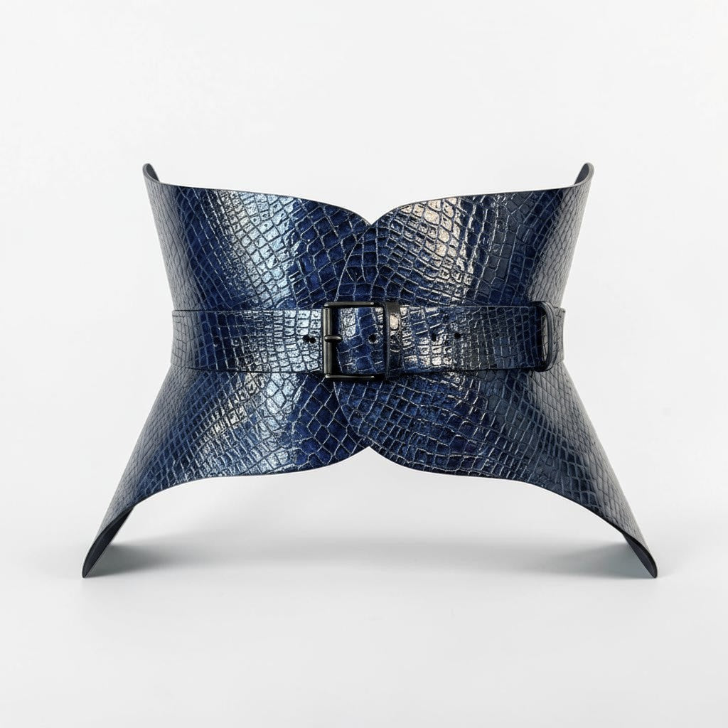 Aria Margo dark blue croc-embossed leather corset belt with a single buckle and structured waist-defining shape.