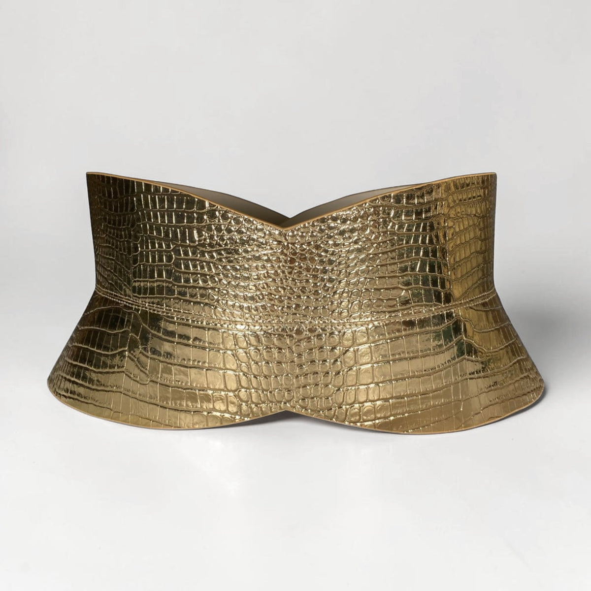 Aria Margo gold croc-embossed leather hourglass corset belt with a structured waist-defining silhouette.